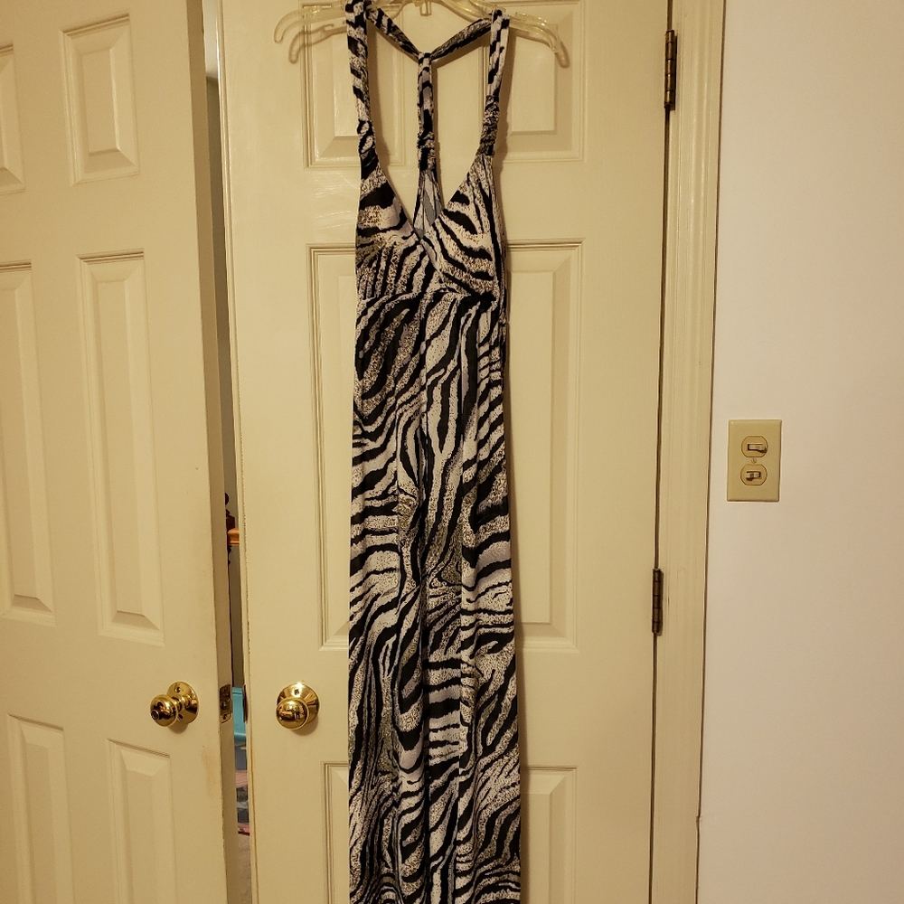 Long black and tan dress.